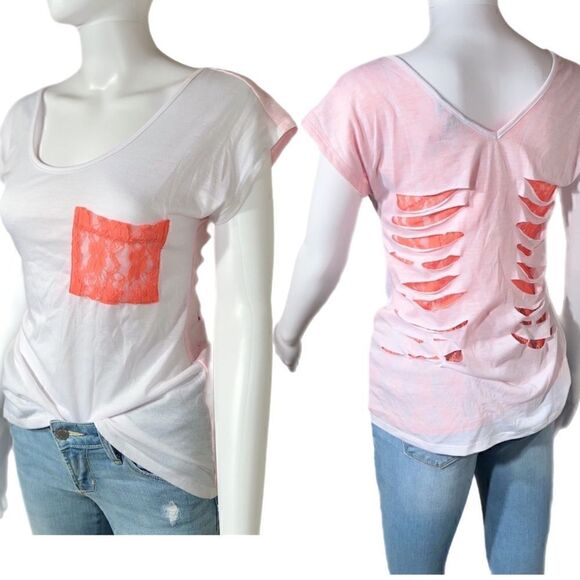 Nollie Lace Contrast Destructed Knit Tee NWT - Picture 2 of 9